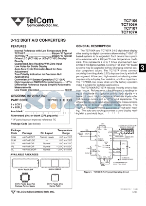 TC7106RCKW datasheet - 3-1/2 digit A/D converter. Drive LCD display directly. Internal reference with low temperature drift 80ppm/degC,typ.