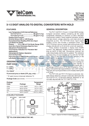 TC7116RCKW datasheet - 3-1/2 digit analog-to-digital converter with hold. Directly drive LCD display. Low temperature drift internal reference 80 ppm/degC.