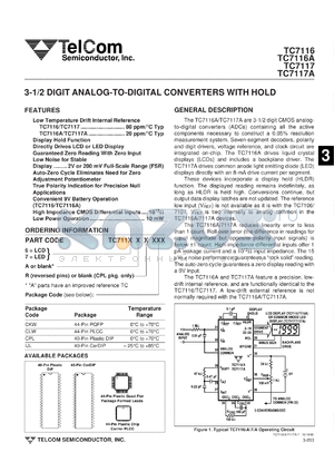 TC7116ARIJL datasheet - 3-1/2 digit analog-to-digital converter with hold. Directly drive LCD display. Low temperature drift internal reference 20 ppm/degC.