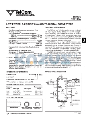 TC7136ARCLW datasheet - Low power, 3-1/2 digit analog-to-digital converter. Low temperature drift internal reference 35ppm/degC,typ.