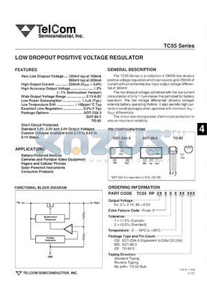 TC55RP2501ECB datasheet - Low dropout positive voltage rgulator. Output voltage 2.5V. Tolerance +-1%.