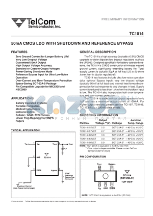 TC1015-2.7VCT datasheet - 100mA CMOS LDO with shutdown and reference bypass. Output voltage 2.7V.