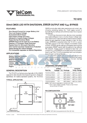 TC1073-2.7VCH datasheet - 50mA CMOS LDO with shutdown, error output (it can be used as a low battery detector, or processor reset generator) and Vref bypass. Output voltage 2.7 V.