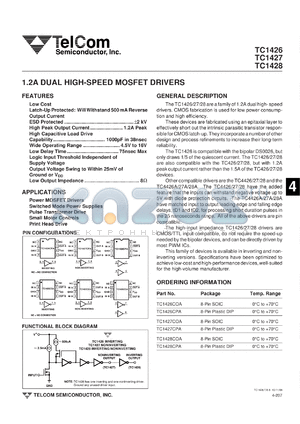 TC142CPA datasheet - 1.2A dual high-speed MOSFET driver.