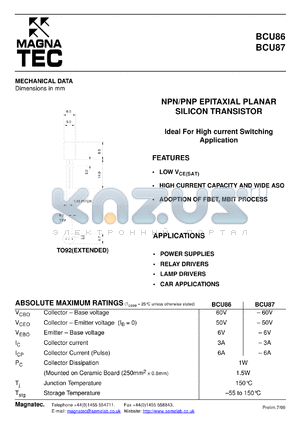 BCU87 datasheet - PNP epitaxial planar silicon tpansistor. Ideal for high current switching application.