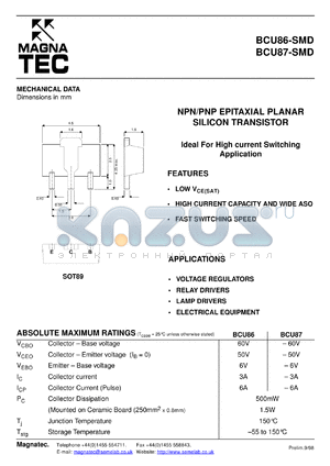 BCU87 datasheet - PNP epitaxial planar silicon tpansistor. Ideal for high current switching application.