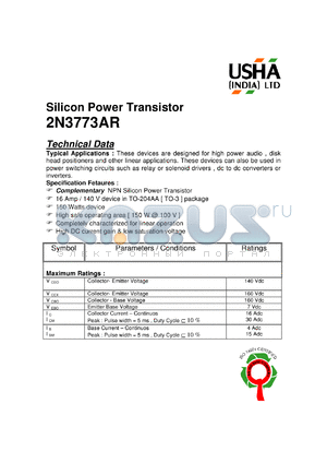 2N3773AR datasheet - NPN silicon power transistor. 16Amp, 140V, 150Watt. High power audio, disk head positioners and other linear applications. Power switching circuits such as relay or solenoid drivers, dc to dc converters or inverters.
