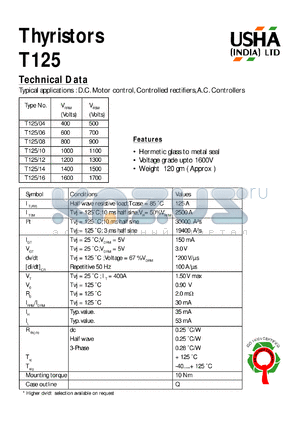 T125/14 datasheet - Thyristor. D.C. motor control, controlled rectifiers, A.C. controllers. Vrrm = 1400V, Vrsm = 1500V.