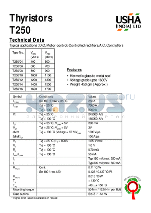 T250/06 datasheet - Thyristor. D.C. motor control, controlled rectifiers, A.C. controllers. Vrrm = 600V, Vrsm = 700V.