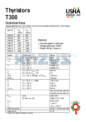 T300/16 datasheet - Thyristor. D.C. motor control, controlled rectifiers, A.C. controllers. Vrrm = 1600V, Vrsm = 1700V.