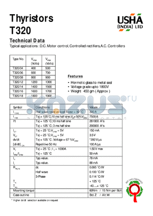 T320/16 datasheet - Thyristor. D.C. motor control, controlled rectifiers, A.C. controllers. Vrrm = 1600V, Vrsm = 1700V.