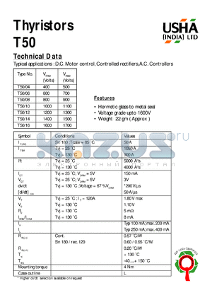 T50/14 datasheet - Thyristor. D.C. motor control, controlled rectifiers, A.C. controllers. Vrrm = 1400V, Vrsm = 1500V.