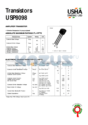 USP8098 datasheet - Amplifier transistor. Vcbo = 60V, Vceo = 60V, Vebo = 6V, Ic = 500mA, Pc = 625mW