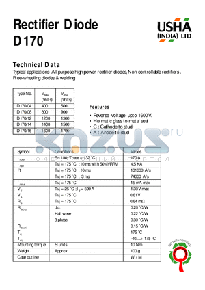 D170/14 datasheet - Rectifier diode. All purpose high power rectifier diodes, non-controllable rectifiers. Free-wheeling diodes & welding. Vrrm = 1400V, Vrsm = 1500V.