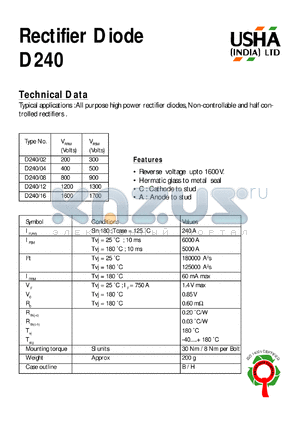 D240/04 datasheet - Rectifier diode. All purpose high power rectifier diodes, non-controllable and half controlleed rectifiers. Vrrm = 400V, Vrsm = 500V.