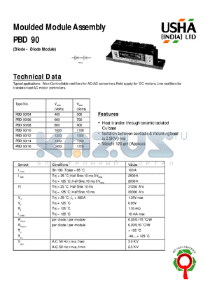 PBD90/12 datasheet - Moulded module assembly(diode-diode module). Vrrm = 1200V, Vrsm = 1300V. Non controllable rectifiers for AC/AC convertors, field supply for DC motors, line rectifiers for transistorized AC motor controllers.