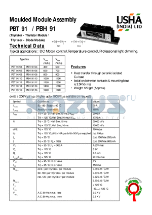 PBH91/08 datasheet - Moulded module assembly(thyristor-diode module). Vrrm = 800V, Vrsm = 900V. DC motor control, temperature control, professional light dimming.