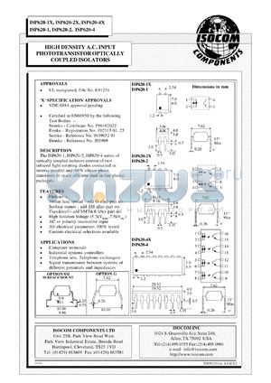 ISP620-42 datasheet - 6V; 50mA high density AC input phototransistor optically coupled isolator