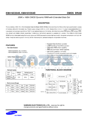 KM416C254DT-7 datasheet - 256K x 16Bit CMOS dynamic RAM with extended data out, Vcc=5.0V, 70ns, 8ms refresh period