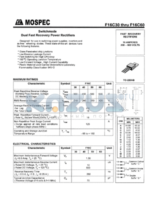 F16C60C datasheet - Switchmode dual fast recovery power rectifier, 600V, 16A, 250ns