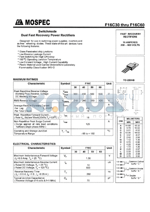 F16C50A datasheet - Switchmode dual fast recovery power rectifier, 500V, 16A, 250ns