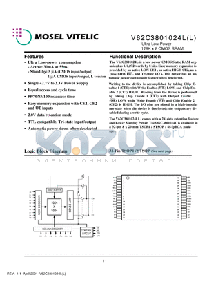 V62C3801024LL-55B datasheet - Ultra low power 128K x 8 CMOS static RAM