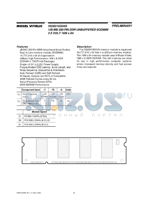 V826516G04SXTG-B1 datasheet - 128MB DDR unbuffered SODIMM 2.5V 16M x 64