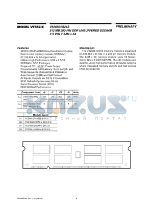 V826664G24SXSG-B0 datasheet - 512MB DDR unbuffered SODIMM 2.5V 32M x 64