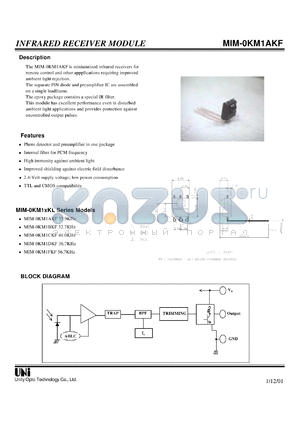 MIM-0KM1BKF datasheet - Infrared receiver module, TTL and CMOS compatibility, 32.7KHz