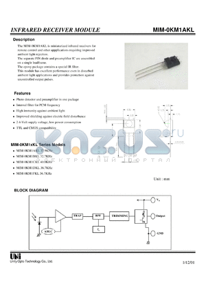 MIM-0KM1BKL datasheet - Infrared receiver module, TTL and CMOS compatibility, 32.7KHz