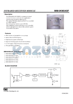 MIM-0KM2DSF datasheet - Infrared receiver module, TTL and CMOS compatibility, 36.7KHz