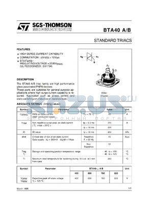 BTA40-800A datasheet - Standard triac, 40Ampere, 800V