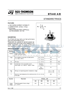 BTA40-700A datasheet - Standard triac, 40Ampere, 700V