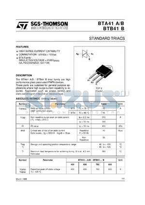 BTA41-400A datasheet - Standard triac, 40Ampere, 400V