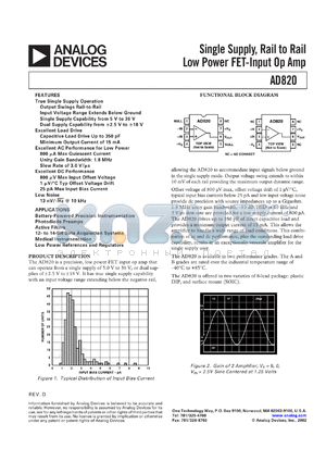 AD820BN datasheet - Single supply, rail to rail low power FET-input operational amplifier