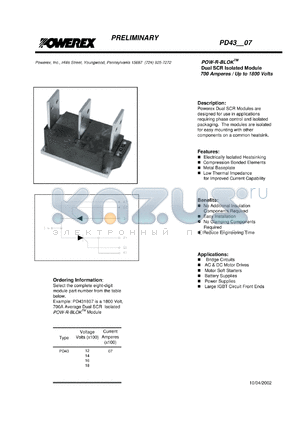 PD430807 datasheet - 800V, 700A phase control dual thyristor