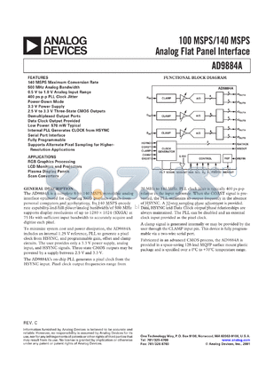 AD9884AKS-140 datasheet - 140 MSPS analog flat panel interface