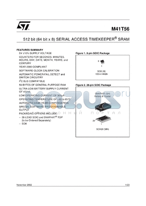 M41T56SH6TR datasheet - 512 bit (64 bit x 8) serial access timekeeper SRAM, battery & brystal