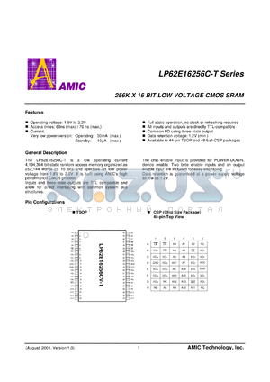 LP62E16256CU-60LLT datasheet - 60ns; operating current:30mA; standby current:10uA; 256 x 16bit low voltage CMOS SRAM