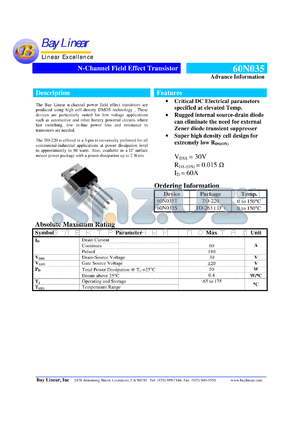 60N035S datasheet - 30V 52A N-channel field effect transistor