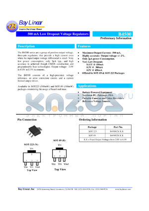 B4500CN-3.3 datasheet - 3.3V 500mA low dropout voltage regulator