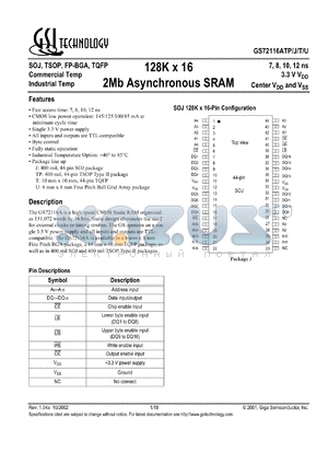 GS72116AU-15 datasheet - 15ns 128K x 16 2Mb asynchronous SRAM