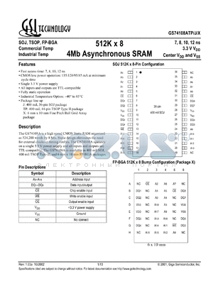 GS74108ATP-7I datasheet - 7ns 512K x 8 4Mb asynchronous SRAM