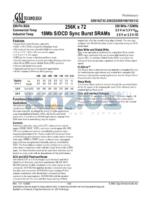 GS816273C-166I datasheet - 166MHz 256K x 72 18MB S/DCD synchronous burst SRAM