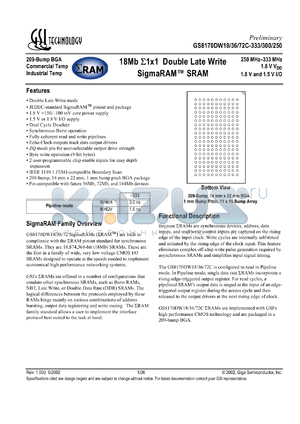 GS8170DW18C-333I datasheet - 333MHz 1M x 18 18MB double late write sigmaRAM SRAM