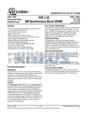GS820E32AQ-150 datasheet - 150MHz 9ns 64K x 32 2M synchronous burst SRAM