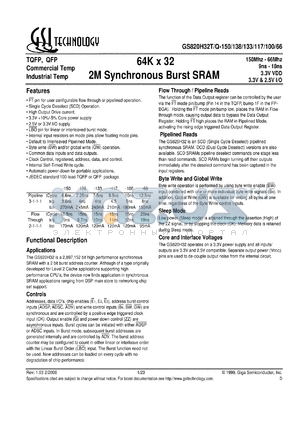 GS820H32Q-117 datasheet - 117MHz 11ns 64K x 32 2M synchronous burst SRAM