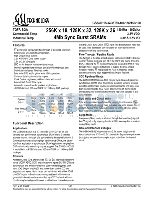 GS840H32T-100 datasheet - 100MHz 12ns 128K x 32 4Mb sync burst SRAM