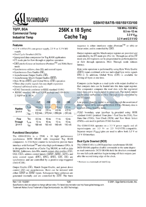 GS841E18AB-133I datasheet - 133MHz 11ns 256K x 18 sync cache tag