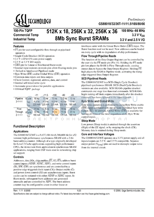 GS88036T-66 datasheet - 66MHz 18ns 256K x 36 8Mb synchronous burst SRAM